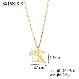 Detailed size specifications for 18K gold plated letter K necklace with floral silhouette