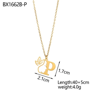 Detail view of 18K gold-plated floral letter P pendant with dimensions and chain length