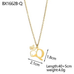 Detailed view of gold plated initial Q pendant with floral design and size dimensions