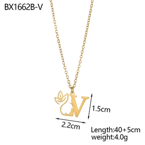 Detailed view of gold 18K plated stainless steel letter V necklace with size metrics