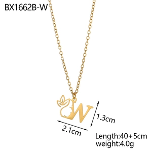 Detail view of gold letter W pendant with face profile including size and weight specs
