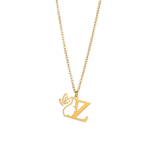 18K gold plated stainless steel letter Z necklace with floral vine and face profile
