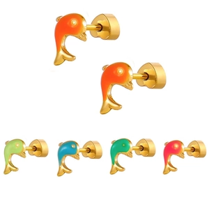 Boucles d'Oreilles Clous en Acier Inoxydable Plaque Or 18K Dauphin Émail Fermoir à Vis Cœur Bijoux Animaux Marins Femme