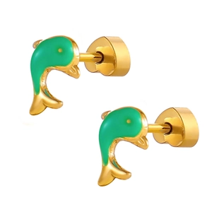 Boucles d'oreilles dauphin en acier inoxydable plaqué or 18K avec émail vert et vis