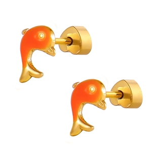 Boucles d'oreilles dauphin dorées en émail orange avec fermoirs de sécurité en cœur