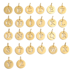 Stainless Steel 14K Gold Plated Initial Alphabet Letter Pendant Round Hollow Charm For DIY Necklace Bracelet Jewelry Making