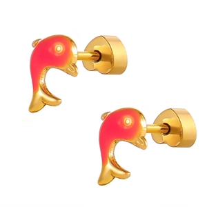 Boucles d'oreilles dauphin dorées avec émail rose et fermoirs coeur en acier plaqué or 18K