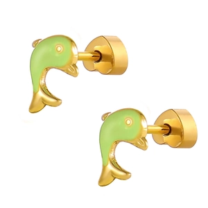 Boucles d'oreilles dauphin en acier plaqué or 18K avec émail vert et fermoir coeur