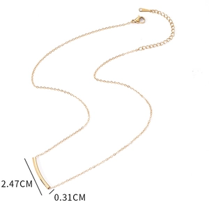 Detailed view of a 2.47cm minimalist gold tube pendant on a thin stainless steel chain