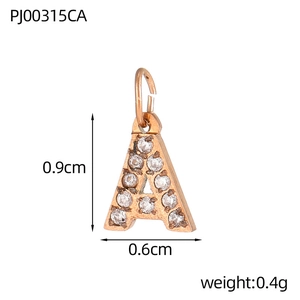 Close-up of rose gold letter A pendant with pave zircons and size dimensions