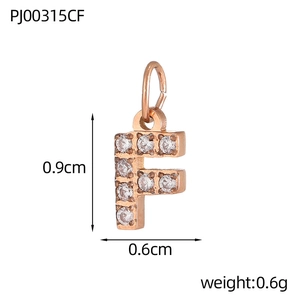 Macro shot of rose gold letter F pendant with micro-pave crystals and measurements