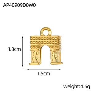 Detail showing 18K gold-plated Arc de Triomphe pendant dimensions 1.3cm by 1.5cm
