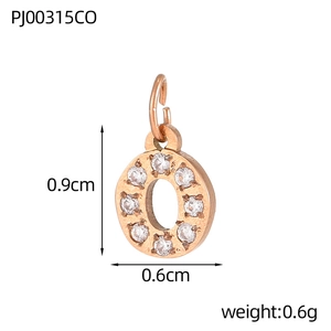 Macro shot of rose gold letter O pendant with pave zircon settings and size specs