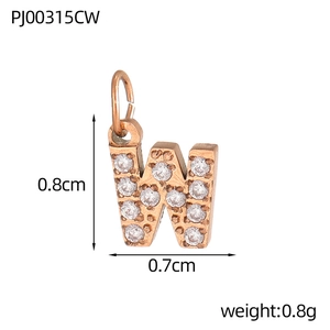 Detail of rose gold letter W pendant with micro-paved crystals and size measurements