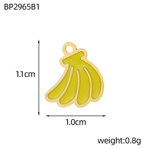 Macro shot of 18K gold plated banana fruit pendant with yellow enamel and size labels