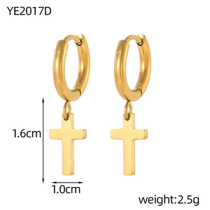 Detail view of gold cross hoop earrings with precise 1.6cm height and weight specifications