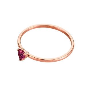 Rose gold stainless steel ring with a red heart-shaped birthstone in 3-prong setting