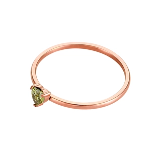 Rose gold heart ring featuring a peridot green zircon stone in a claw setting
