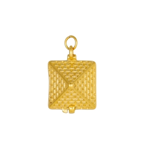 Macro detail of a 3D pyramid pendant in 18K gold-plated stainless steel with brick texture