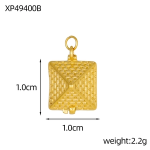 Detailed view of square 18K gold plated stainless steel pyramid pendant with measurements