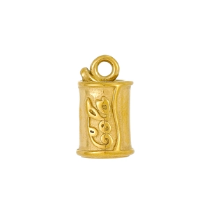 Macro view of cylinder gold pendant with relief patterns and top hanging loop detail