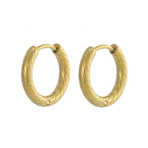 Detail of gold PVD plated stainless steel hoop earrings with twisted striped texture