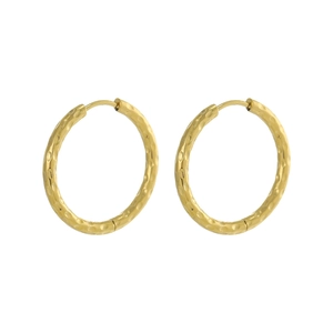 Detailed view of large golden stainless steel hoop earrings with hammered texture finish