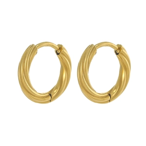 Detailed view of golden twisted rope texture on stainless steel hoop earrings with clasp