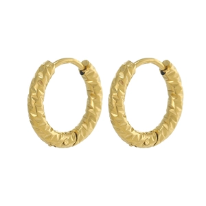 Detailed view of gold PVD plated stainless steel hoop earrings with textured diamond cut pattern