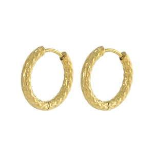 Macro view of gold PVD plated stainless steel huggie earrings with hammered texture