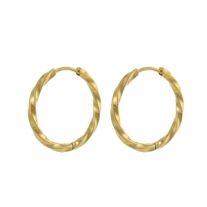Close-up of golden PVD coated stainless steel hoop earrings with twisted spiral texture