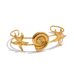 18K gold PVD plated stainless steel open cuff bangle with sun flower shell and starfish