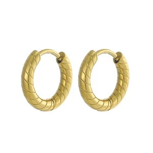 Polished gold PVD stainless steel hoop earrings with a twisted croissant texture design