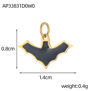 Golden bat charm with black enamel inlay and dimensions for DIY jewelry making