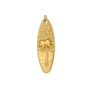 Detailed close-up of a 18K gold-plated surfboard pendant featuring a 3D palm tree pattern