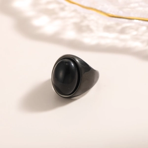 Vintage gun black stainless steel ring with oval black ceramic inlay for men and women