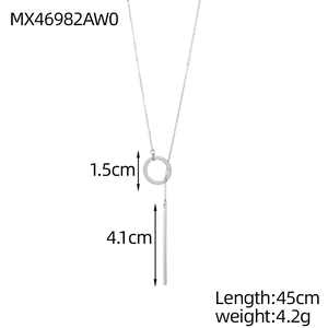 Detailed view of silver lariat necklace with dimensions of 1.5cm ring and 4.1cm bar pendant