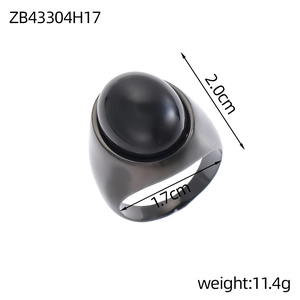 Men's gunmetal stainless steel ring with black oval ceramic stone and 2.0cm length inlay