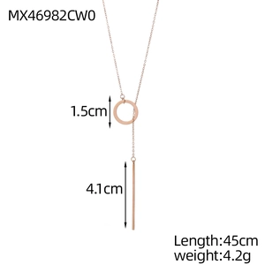 Detail of Y-shape rose gold stainless steel necklace with circle and bar dimensions