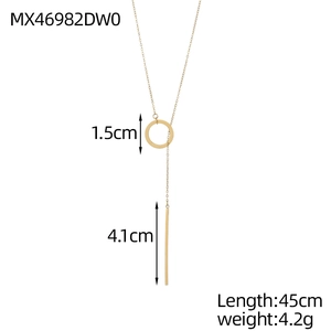 Detail view of gold Y-necklace with 4.5cm vertical bar and 1.5cm circle pendant measurements