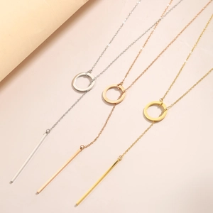 Y-shaped lariat necklace in gold, silver, and rose gold with circle and bar pendant