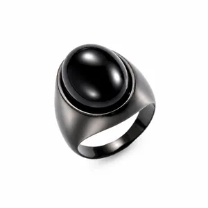 Vintage Men Stainless Steel Ring Gunmetal Black Ceramic Inlaid Geometric Wide Band Statement Ring For Men Boys High End Jewelry