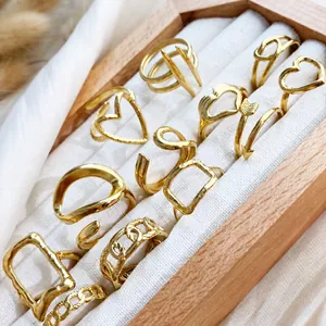 Roestvrijstalen Open Ring Voor Dames 18K Verguld Verstelbaar Geometrisch Hart Bloem Vlinder Blad Minimalistische Mode Sieraden