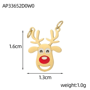 Cartoon reindeer Christmas pendant in gold finish with red and white enamel details