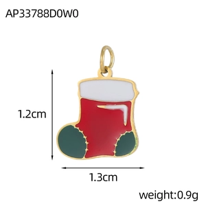 Christmas stocking pendant with red and white enamel finish in golden alloy metal