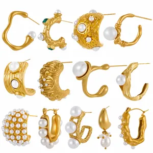 Vintage Stainless Steel Artificial Pearl Stud Earrings For Women PVD Gold Plated French Style C Shape Hoop Geometric Earrings Jewelry