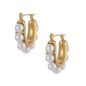 Vintage gold PVD stainless steel C-shaped hoop earrings with white pearls