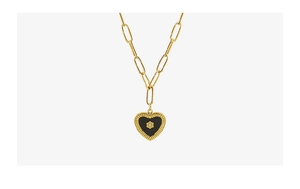 Detail of 18K gold-plated paperclip necklace featuring a black heart star pendant