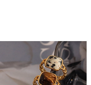 Detailaufnahme von Goldkettenringen mit Dalmatiner-Jaspis und Tigerauge-Quadratsteinen