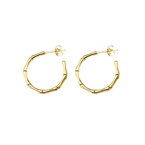 Minimalist gold titanium steel bamboo joint hoop earrings for women on white background